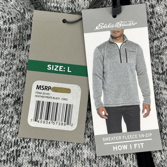 Eddie Bauer‎ Sweater Men's L Heather Pirate Black 1/4 Zip Pullover Fleece Pocket - Picture 5 of 11